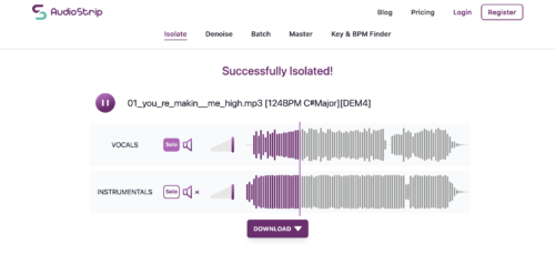 Screenshot of Audio Strip offline stem separation tool