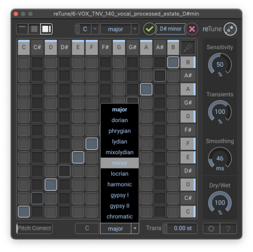 Screenshot of RETUNE key and scale correction plugin