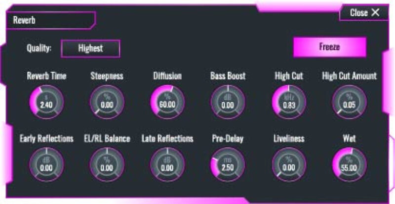 Screenshot of SoundBridge DAW's reverb device