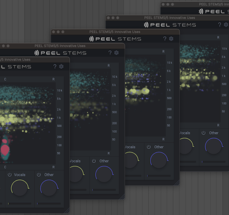 Screenshot showing five instances of zplane PEEL STEMS real time stem separation plugin