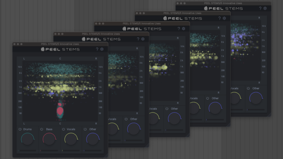 Screenshot showing five instances of zplane PEEL STEMS real time stem separation plugin