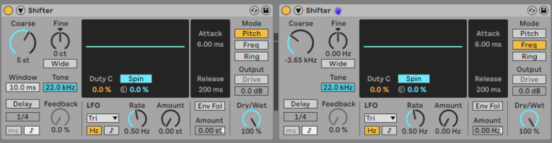 Screenshot of Ableton Live DAW pitch shifter and frequency shifter devices