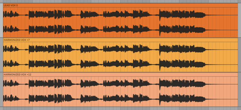 Screenshot of harmonized vocal audio channels in Ableton Live DAW