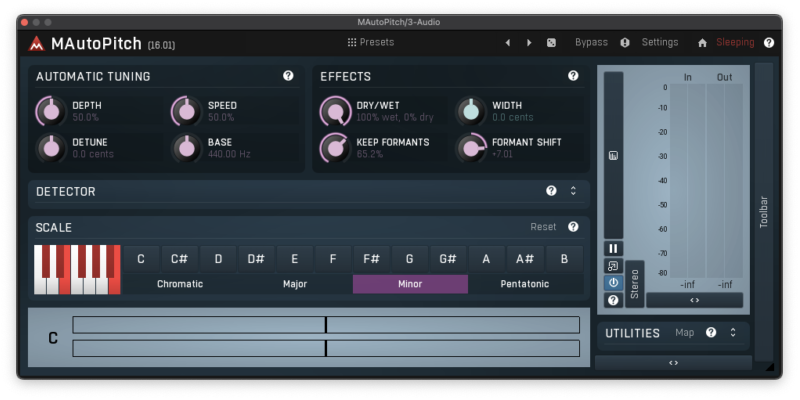 Screenshot of the Melda Production MAutoPitch real time pitch shifting plugin