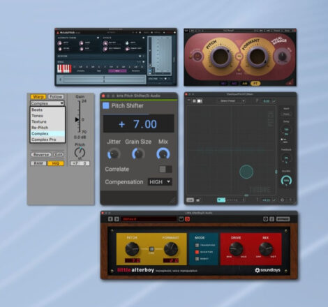 Collage of screenshots of vocal pitch shifting plugin interfaces