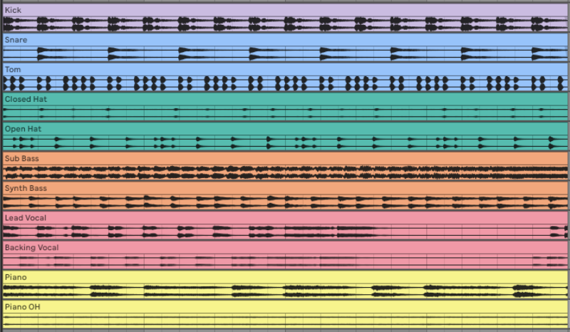 Screenshot of multitrack audio files within the Ableton Live DAW