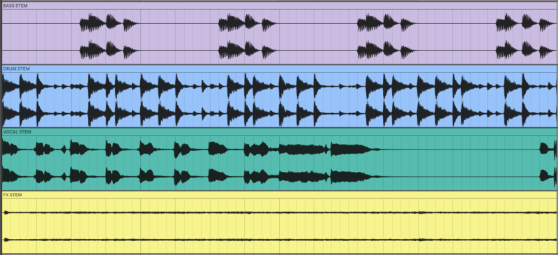 Screenshot of four separated audio stems in the Ableton Live DAW