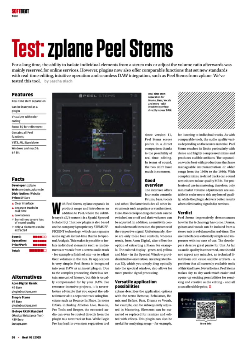 Screenshot of Beat.de's review of PEEL STEMS plugin in English