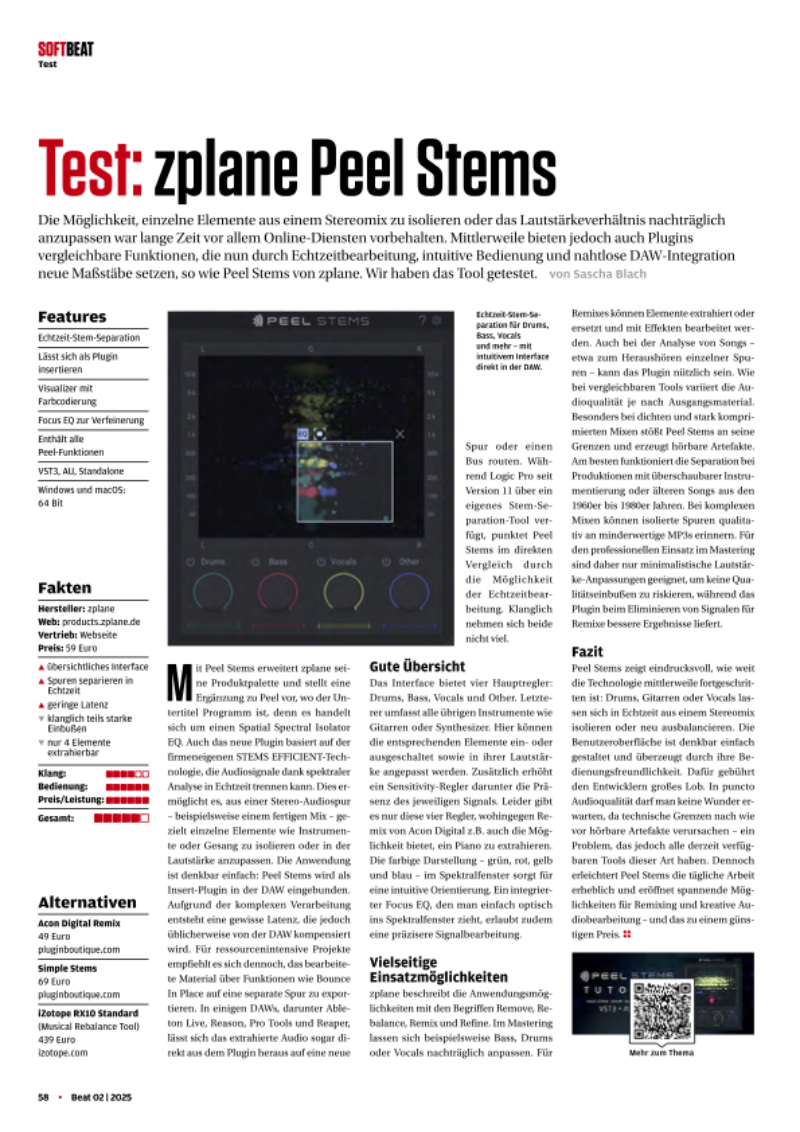 Screenshot of Beat.de's review of PEEL STEMS plugin in German