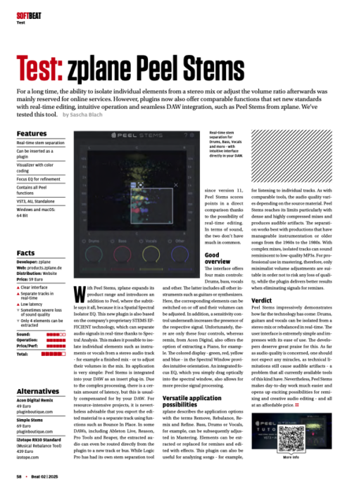 Screenshot of Beat.de's review of PEEL STEMS plugin in English