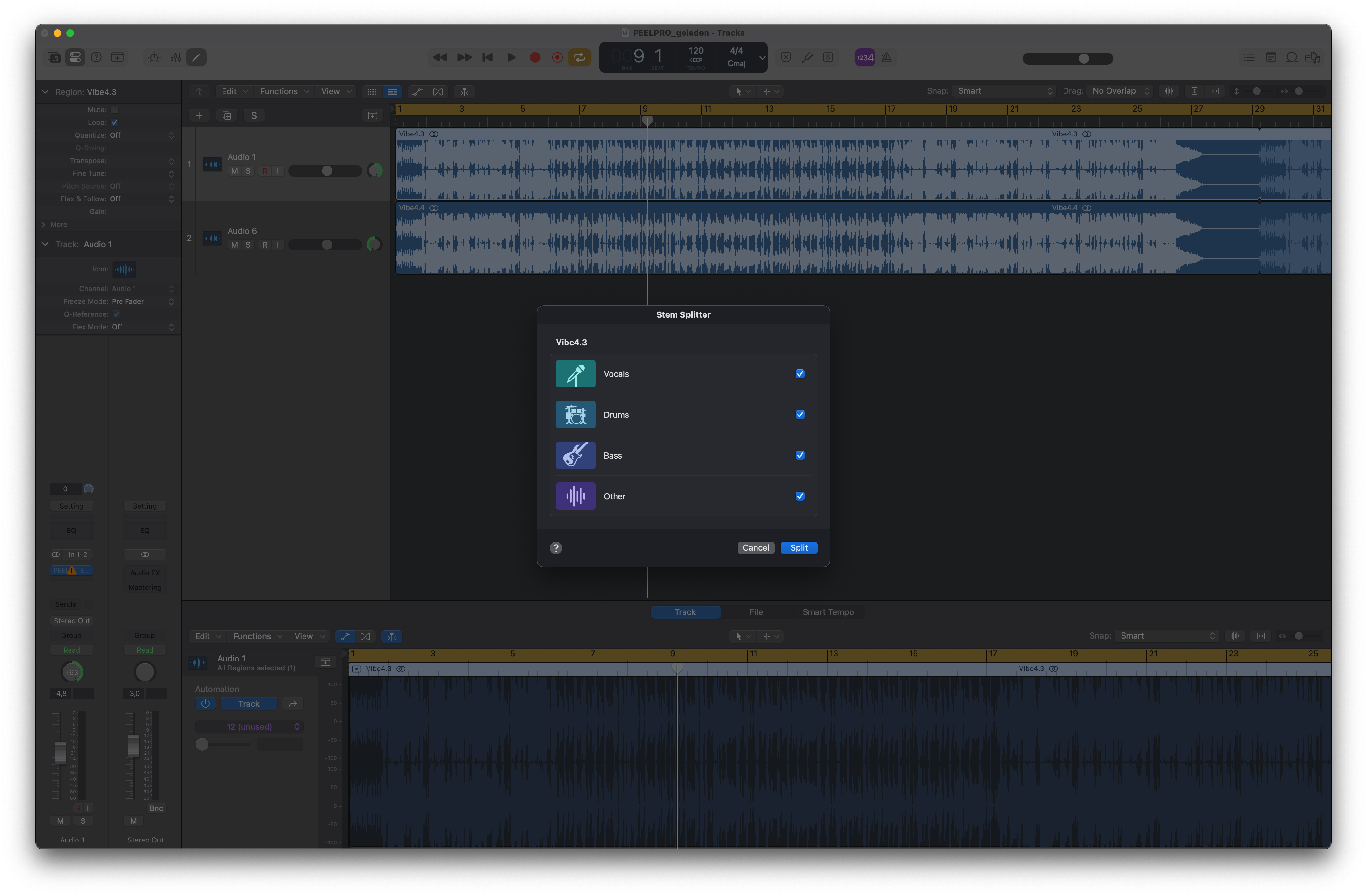 Screenshot of Apple Logic Pro 11’s native stem separation functionality