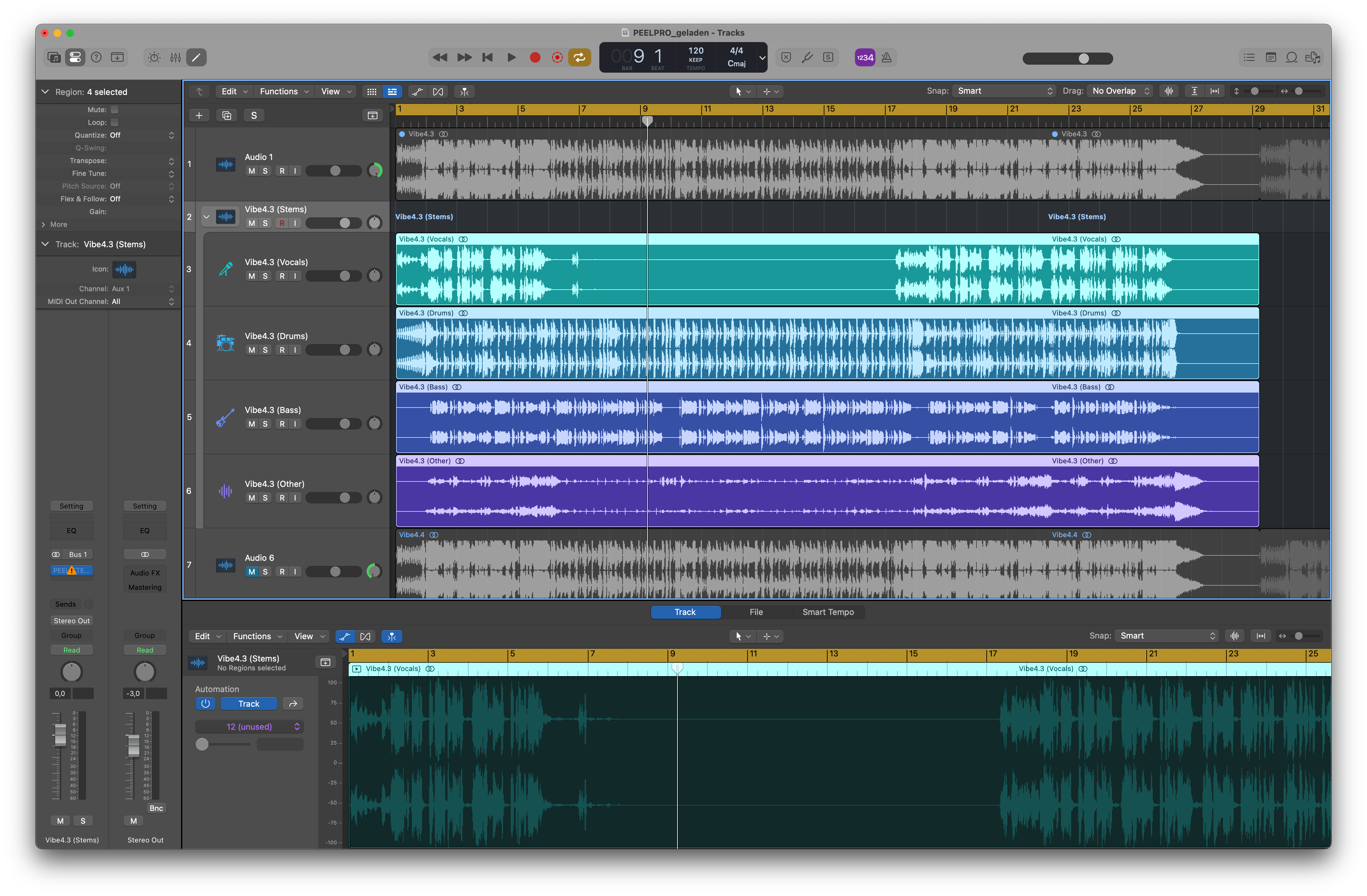 Screenshot of stem separated audio in the Apple Logic Pro 11 DAW