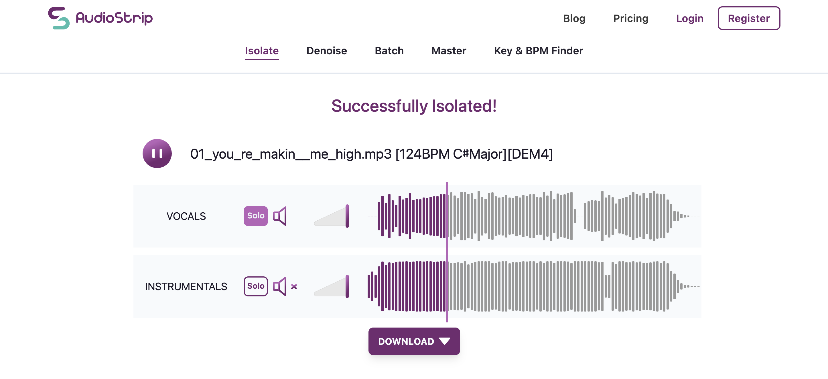 Screenshot of the AudioStrip offline stem separation tool splitting vocals and instrumentals