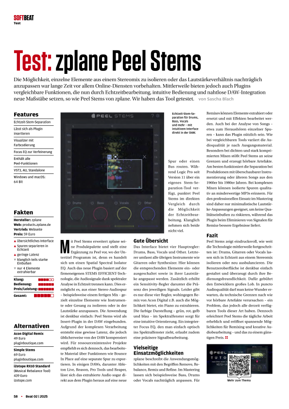 Image of Beat review of zplane PEEL STEMS in German