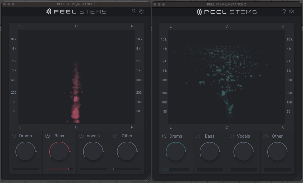 Using two instances of zplane PEEL STEMS real time stem separation plugin