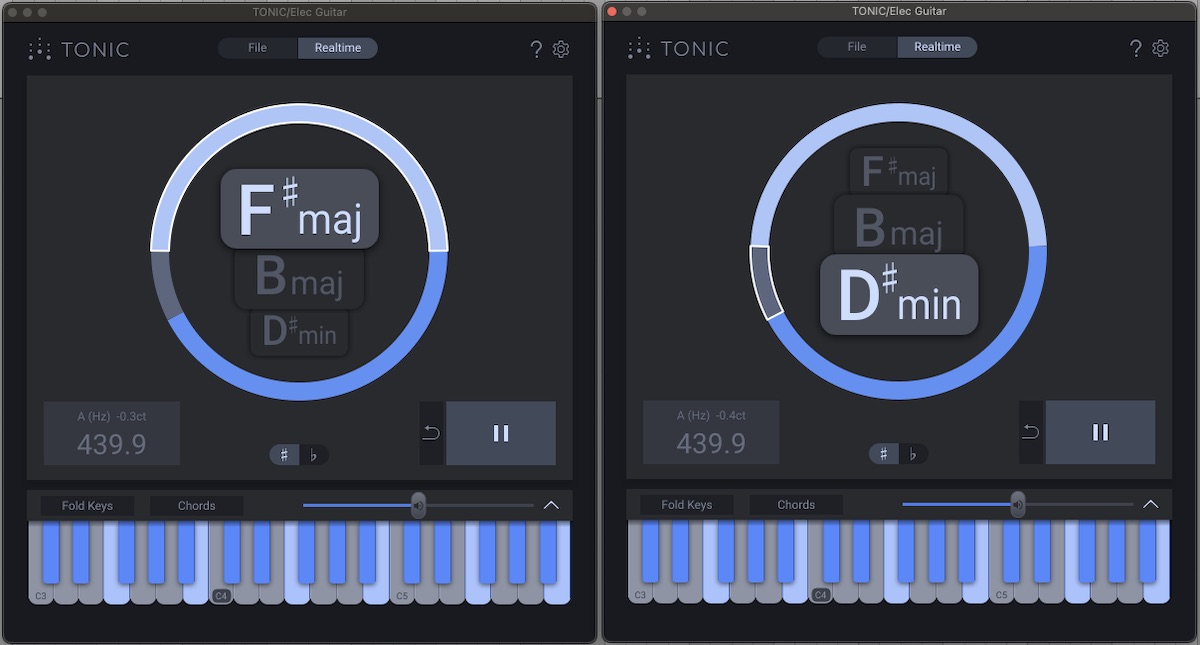 ZP016_music_theory_tonic_relative_keys Screenshot of two instances of zplane TONIC key and scale analysis plugin